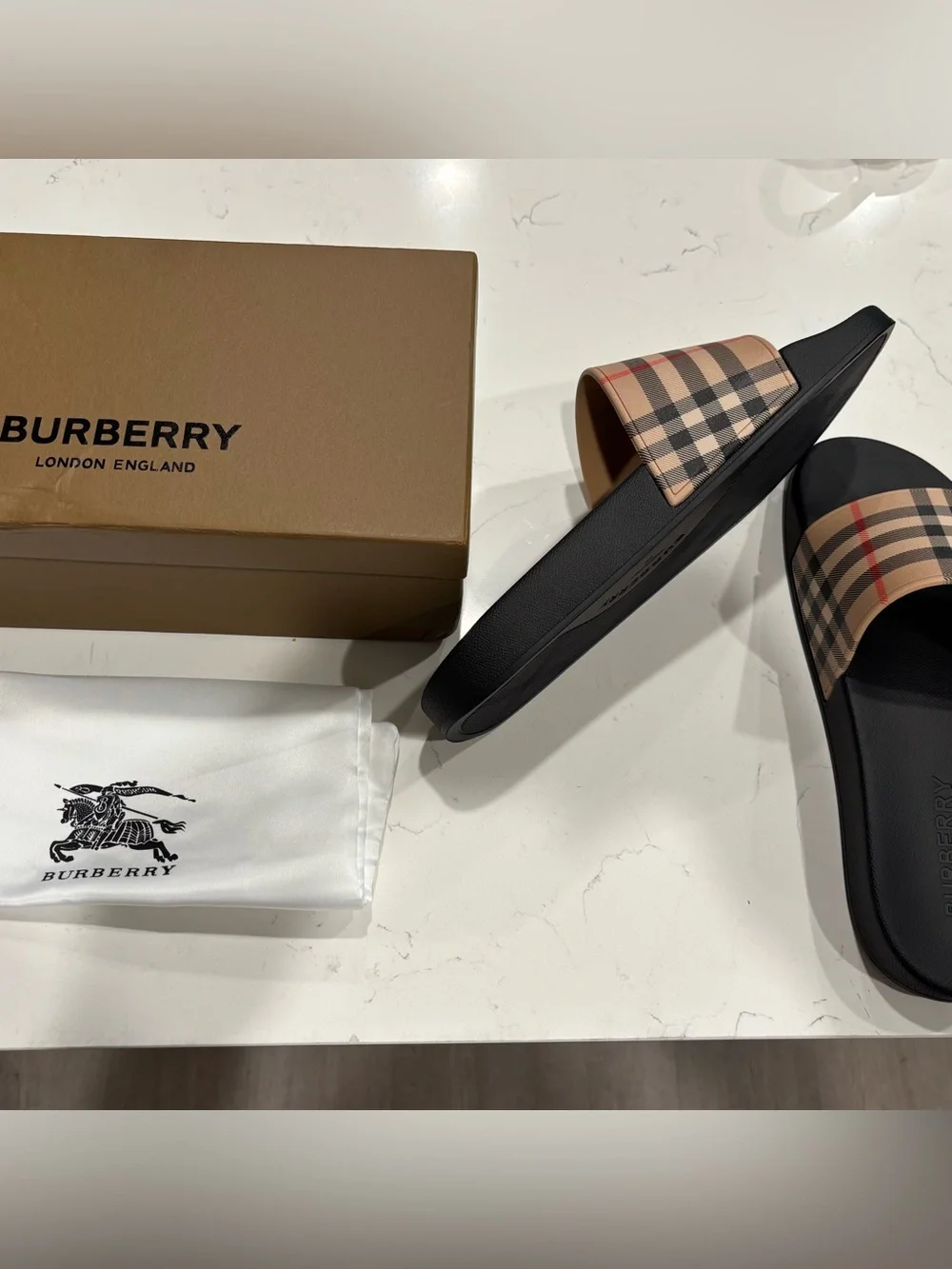 Burberry Black Slide Sandals with Beige Nova Check Strap - Picture 2 of 2